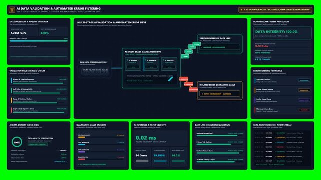 Futuristic AI Data Validation Dashboard UI Motion Graphics on Green Screen Background