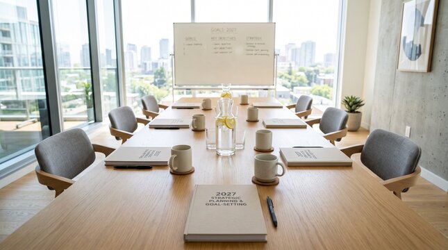 Modern Conference Room Ready for Strategic Planning Session with City View