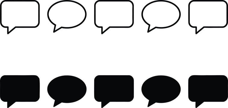 Minimalist speech bubble icon set, black and white chat bubble vector, message outline and solid callout symbols for communication design