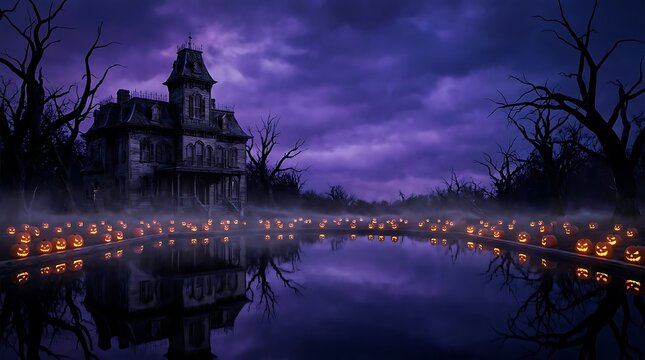 Haunted victorian mansion standing near a dark misty lake surrounded by countless glowing jack o lantern pumpkins under a vibrant purple dramatic spooky night sky