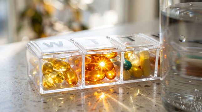 Transparent pill organizer with various capsules and tablets illuminated by sunlight, next to a glass of water