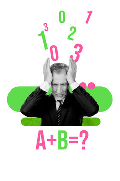 3D photo collage template trend artwork sketch of aged man suffer headache think mind count number math jigsaw puzzle university study