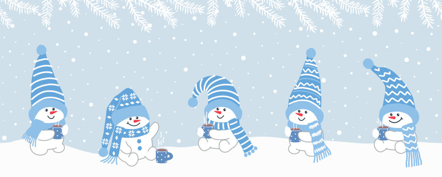 Baby Snowmen Have Fun in Winter Holidays. Seamless Border. Christmas Background. Cute Snowmen in Blue Winter Hats, Scarves. Winter Characters with Hot Cocoa Cups. Greeting Card Template. Vector 