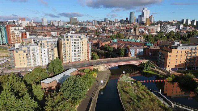 Aerial Video Over Crown Point Bridge, River Aire, and Leeds Skyline at Sunrise