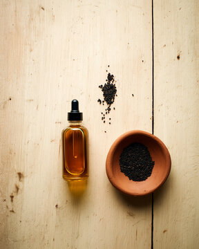 Black seed nigella oil in an amber dropper bottle with kalonji seeds in warm amber gold tones with copy space