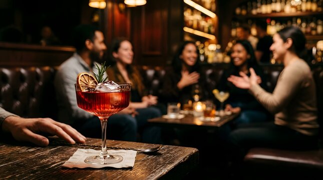 Red cocktail in coupe glass on bar table with blurred guests in lounge
