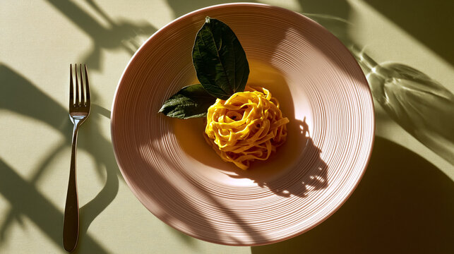 Fresh handmade pasta dish with aromatic herbs, warm golden light, and elegant table setting capturing culinary art
