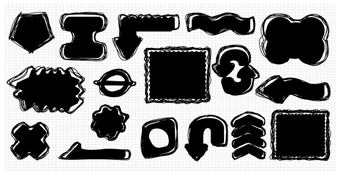 Different black shapes are displayed on a grid background. The shapes include hexagons, arrows, waves, and squares. They vary in design and form, showing creativity.