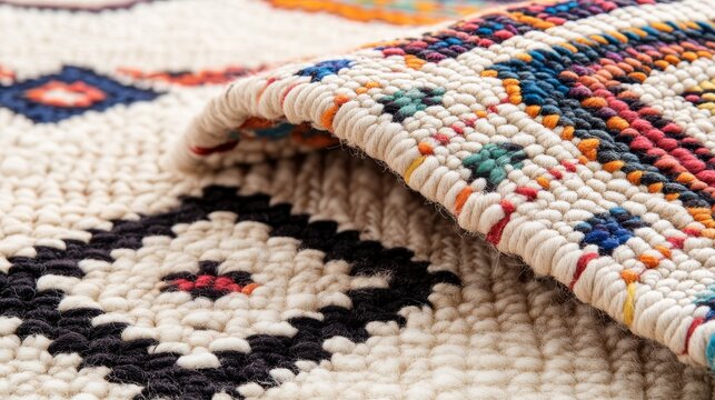 Atmospheric View of Handwoven Moroccan rug with geometric Berber patterns natural