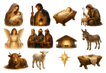 Obraz premium PNG Nativity scene illustration with holy family, animals, star