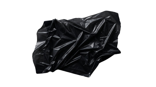 Crumpled black plastic texture, wrinkled polyethylene trash bag material, dark glossy synthetic film with sharp creases and highlights isolated PNG with Transparent Background