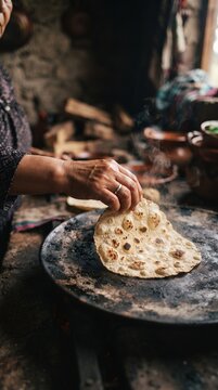 Hand turning tortilla on hot comal
