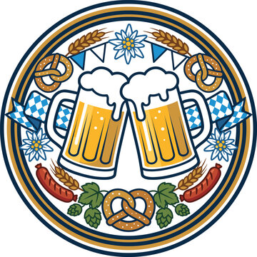 Oktoberfest beer steins vector graphic with pretzels, sausages, and Bavarian flags