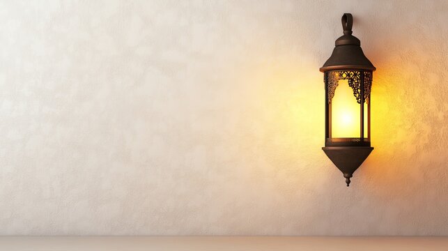 Atmospheric View of Moroccan lantern illuminated against textured plaster wall Mo