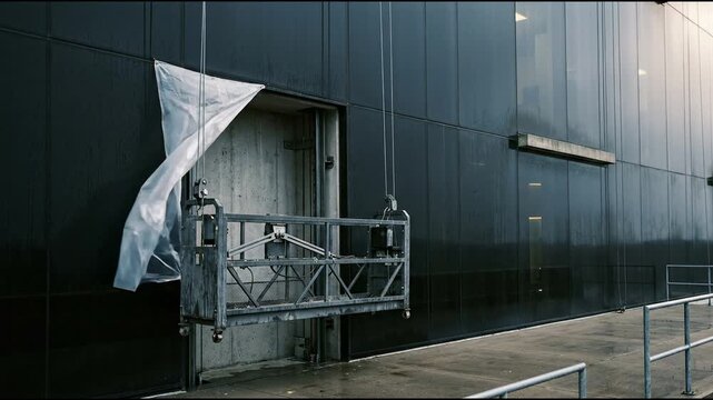 Suspended work platform supporting metal safety cage beside dark industrial building facade under muted daylight