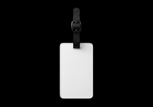 Blank white luggage tag with black leather strap isolated on transparent background