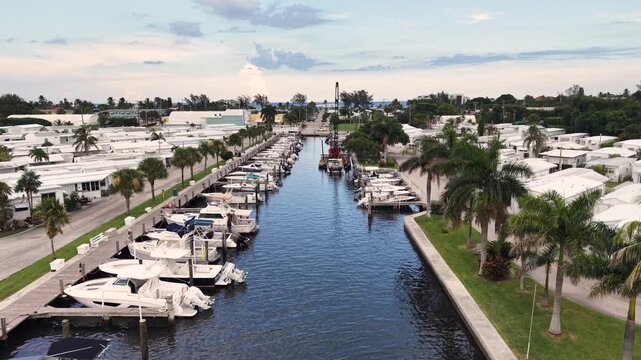 Aerial View of Waterfront Marina and Docked Boats in Florida