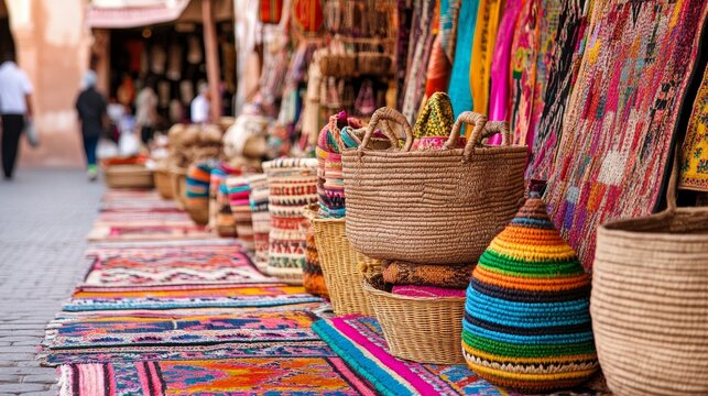 Authentic Moroccan Detail Featuring Moroccan market displaying woven rugs and baskets vibrant col