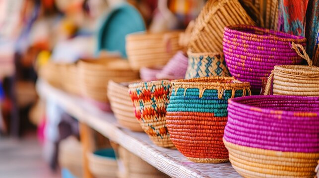 Authentic Moroccan Detail Featuring Moroccan market stall with vibrant woven baskets Moroccan han