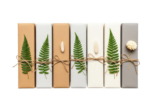 Gift boxes decorated with green leaves and string isolated on transparent background
