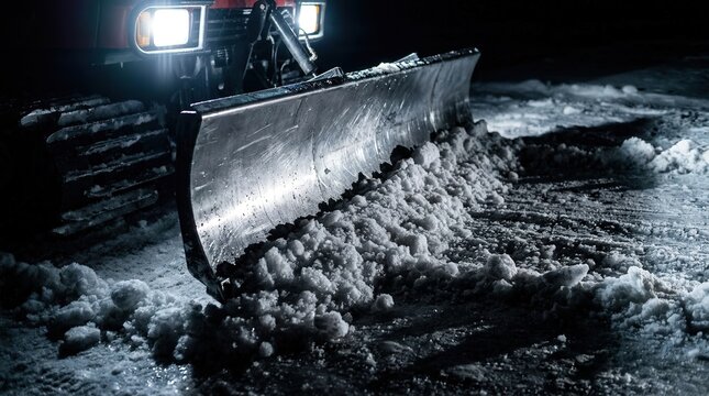 Snow groomer blade pushing fresh snow beneath bright headlights on a dark winter night, close view of tracked snow removal equipment