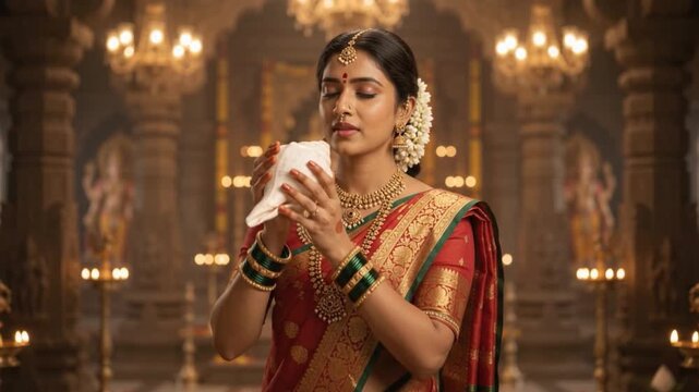 Woman in red saree blowing shankh during shubho mahalaya and pitru paksha observances ahead of durga puja and navratri hindu festival celebrations