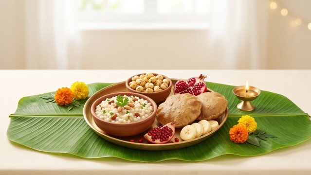 Navratri &ndash; Vrat Thali with Makhana, Sabudana Khichdi and Kuttu Puri Festive Food Banner.