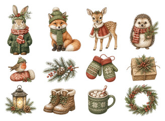 Fototapeta premium PNG Cozy winter woodland animals and festive holiday decor set