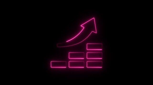Flicker neon vedio pink glowing neon bar chart showing upward growth trend isolated on black background a graph featuring a rising represented by an arrow