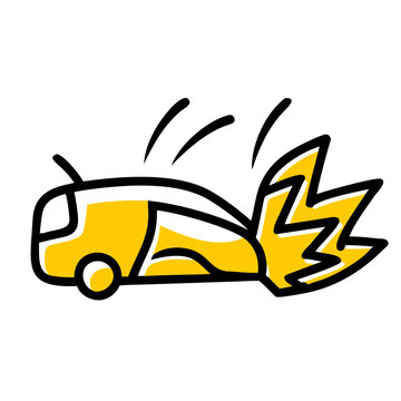 Exploding yellow car icon with fire effect for crash incident.