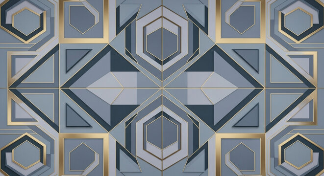 A sophisticated geometric pattern featuring interlocking hexagonal shapes and metallic gold accents arranged harmoniously across the wide surface to create a luxurious visual texture