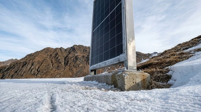 Vertical bifacial solar panel standing in snow with rugged mountain ridges and blue sky, alpine renewable energy installation