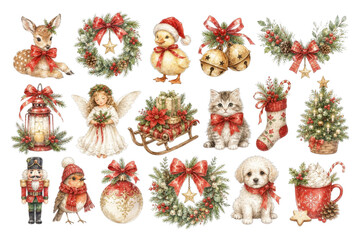 Obraz premium PNG Christmas watercolor clipart set with wreaths, animals, ornaments