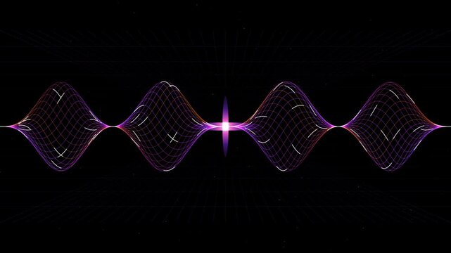 Abstract retro synthwave quantum waveform loop against dark background featuring glowing purple nodes and neon grid lines, electronic music and physics concept illustration