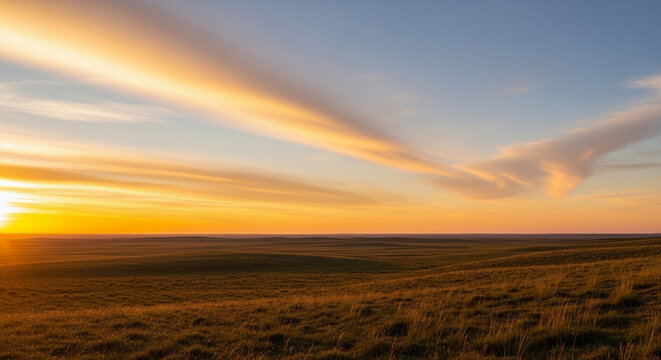 Stunning golden hour sunset casting warm orange and yellow light over a vast rolling grassland landscape with dramatic clouds spreading across the evening sky during peaceful twilight hours