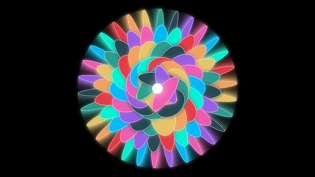 Abstract sacred geometry kaleidoscope mandala featuring vibrant colorful petals rotating in a mesmerizing pattern against a solid dark black background