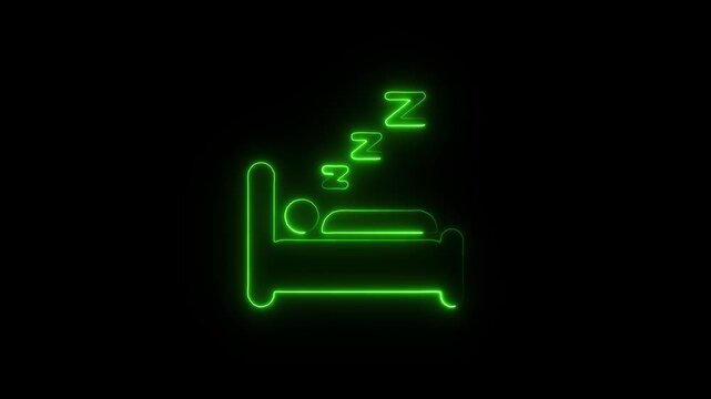 Flicker neon vedio green neon sleeping person icon on black background a glowing line art of a in bed with zzz sleep symbols against solid