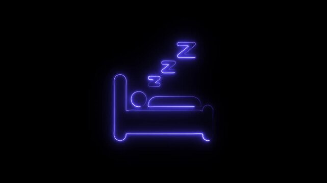 Flicker neon vedio blue neon sleeping person icon on black background a glowing line art of a in bed with zzz sleep symbols against solid bed sign glowing rest