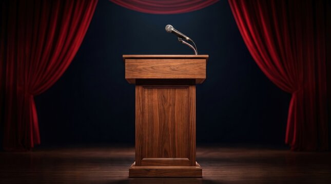Wooden podium with a microphone framed by red theater curtains, representing public speaking, presentations, conferences, lectures, communication and formal events