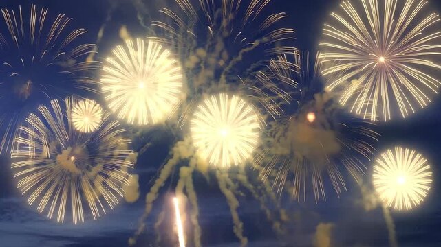 Vibrant fireworks display exploding in night sky with bright yellow and red bursts celebrating