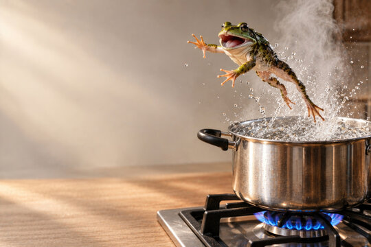 Frog leaps from a steaming pot on a gas stove. Space for text.