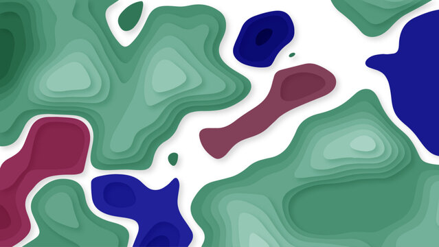 Abstract Topographic Background with Layered Green Terrain Shapes, Burgundy and Blue Accents, and Soft 3D Relief.
Modern Topographic Map Background with Organic Contour Layers, Green Terrain Forms.