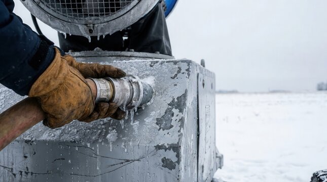 Gloved technician connecting metal hose to weathered snow machine outdoors in a snowy winter landscape, close up industrial equipment