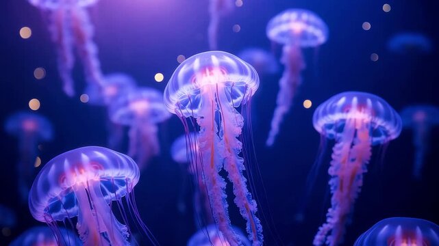 Vibrant jellyfish swimming in deep blue ocean with bioluminescent glow and tentacles floating