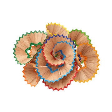 White background colorful pencil shavings arranged in a creative cluster isolated with colored pencils wood shavings spiral shavings art supplies school supplies multi colored stationery