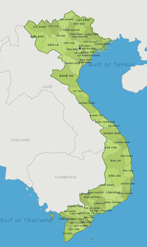Detailed map of vietnam showing provinces and administrative regions with neighboring countries laos, cambodia, and thailand, and surrounding seas