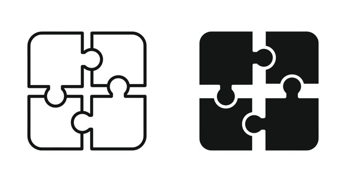 Puzzle Pieces. Two sets of four interlocked puzzle pieces, one in black and white and the other in outline form, symbolize connection, problem-solving, and unity.