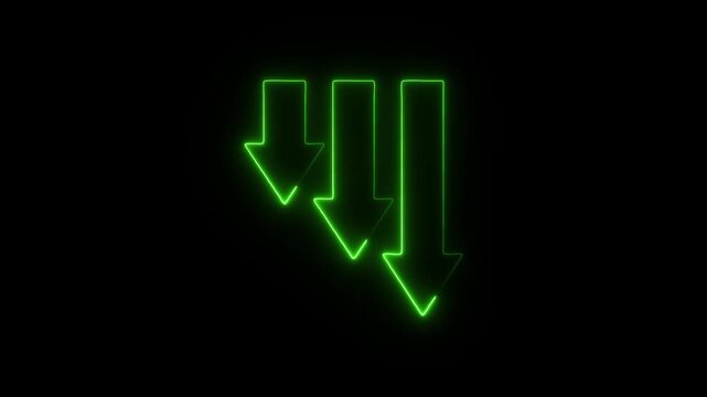 Flicker neon vedio green neon triple downward arrows glowing against dark background three bright pointing in a stepped arrangement on a black