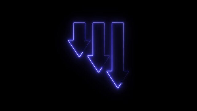 Flicker neon vedio blue neon triple downward arrows glowing against dark background three bright pointing in a stepped arrangement on a black direction sign light isolated