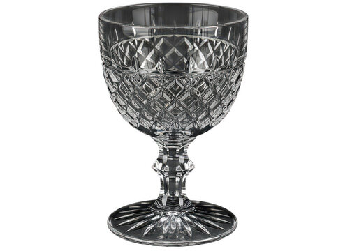 Elegant crystal wine goblet with decorative vintage pattern isolated on transparent background